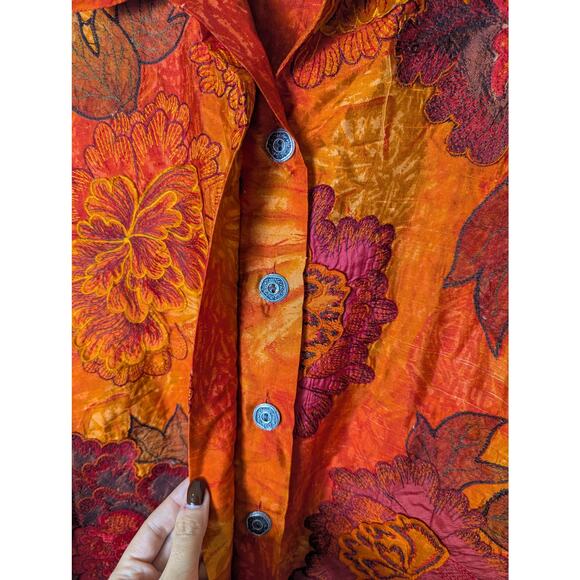 Chico’s Silk Organza Rust Orange Autumn Floral Button Up Top Women L Sz 2 Artsy - Picture 7 of 14